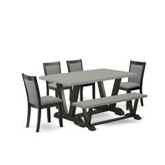East West Furniture 6 Piece Dinner Table Set - A Cement Top Wooden Dining Table with a Small Bench and 4 Dark Gotham Grey Linen Fabric Upholstered Kitchen Chairs - Wire Brushed Black Finish