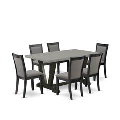 East West Furniture 7 Piece Mid Century Dining Set - A Cement Top Wood Dining Table with Trestle Base and 6 Dark Gotham Grey Linen Fabric Dining Room Chairs - Wire Brushed Black Finish
