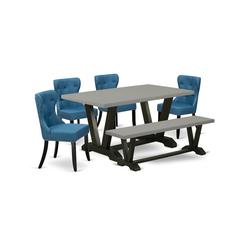 East West Furniture V696SI121-6 6-Pc Kitchen and Dining Room Set- 4 Kitchen Parson Chairs with Blue Linen Fabric Seat and Button Tufted Chair Back - Rectangular Top & Wooden Legs Wood Dining Table and