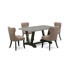 East West Furniture V696SI648-5 5-Piece Modern Dining Set- 4 Parson Dining Chairs with Coffee Linen Fabric Seat and Button Tufted Chair Back - Rectangular Table Top & Wooden Legs - Cement and Wire bru