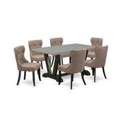 East West Furniture V696SI648-7 7-Piece Kitchen Dining Room Set- 6 Kitchen Chairs with Coffee Linen Fabric Seat and Button Tufted Chair Back - Rectangular Table Top & Wooden Legs - Cement and Wire bru