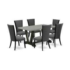 East West Furniture 7 Pc Dinner Table Set Includes a Cement Kitchen Table and 6 Dark Gotham Grey Linen Fabric Upholstered Dining Chairs with High Back - Wire Brushed Black Finish