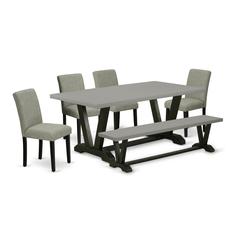 East West Furniture V697AB106-6 6-Pc Dining Room Set - 4 Parson Chairs, a Dining Bench Cement Top and 1 Modern Cement Dining Table Top with High Chair Back - Wire Brushed Black Finish