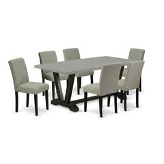 East West Furniture V697AB106-7 7-Pc Dining Room Table Set - 6 Padded Parson Chairs and 1 Modern Rectangular Cement Kitchen Dining Table Top with High Chair Back - Wire Brushed Black Finish