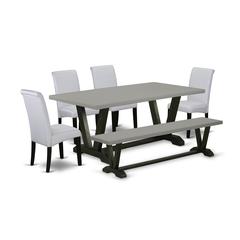 East West Furniture 6 Pc Dining Table Set Contains a Cement Mid Century Dining Table and a Modern Bench, 4 Grey Linen Fabric Parson Chairs with High Back - Wire Brushed Black Finish