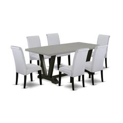 East West Furniture V697BA105-7 7-Pc Dining Room Set - 6 Dining Chairs and 1 Modern Rectangular Cement Wood Dining Table Top with High Chair Back - Wire Brushed Black Finish