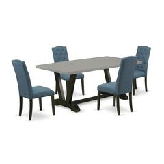 East West Furniture V697CE121-5 5-Pc Dining Room Table Set - 4 Dining Room Chairs and 1 Modern Cement Wooden Dining Table Top with Button Tufted Chair Back - Wire Brushed Black Finish