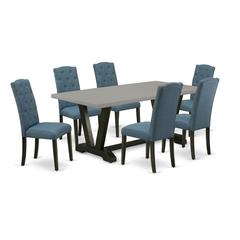 East West Furniture V697CE121-7 7-Pc Dining Room Set - 6 Parson Chairs and 1 Modern Rectangular Cement Wooden Dining Table Top with Button Tufted Chair Back - Wire Brushed Black Finish