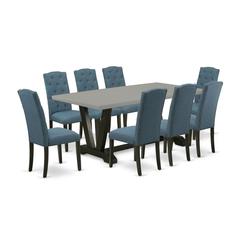 East West Furniture V697CE121-9 9-Pc Dining Room Set - 8 Dining Chairs and 1 Modern Rectangular Cement Wood Dining Table Top with Button Tufted Chair Back - Wire Brushed Black Finish