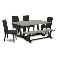 East West Furniture 6-Pc kitchen table set-Black Linen Fabric Seat and High Stylish Chair Back Dining chairs, A Rectangular Bench and Rectangular Top Modern Dining Table with Wood Legs - Cement and Bl