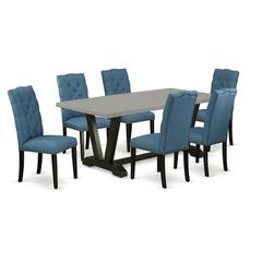 East West Furniture 7-Piece Gorgeous Rectangular Table Set an Excellent Cement Color Rectangular Dining Table Top and 6 Amazing Solid Wood Legs and Linen Fabric seat dining chairs with Nail Heads and