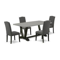 East West Furniture 5-Pc Dinette Set Included 4 Parson Dining chairs Upholstered Nails Head Seat and Stylish Chair Back and Rectangular Dining Table with Cement Color Dining Table Top - Black Finish