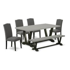 East West Furniture V697EN120-6 - 6-Piece Dining Room Set - 4 Upholstered Dining Chairs, a Wonderful Bench and a Rectangular Table Hardwood Structure