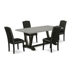 East West Furniture V697EN169-5 5-Pc Kitchen Dining Set - 4 Parson Chairs and 1 Modern Rectangular Cement Dining Table Top with High Chair Back - Wire Brushed Black Finish