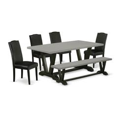 East West Furniture V697EN169-6 6-Pc Dinette Room Set - 4 Parson Chairs, a Dining Bench Cement Top and 1 Modern Cement Dining Room Table Top with High Chair Back - Wire Brushed Black Finish