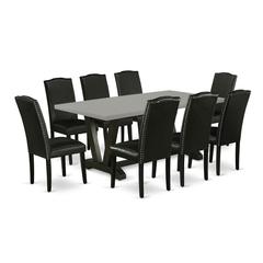 East West Furniture V697EN169-9 9-Pc Dining Room Table Set - 8 Parson Chairs and 1 Modern Rectangular Cement Kitchen Table Top with High Chair Back - Wire Brushed Black Finish