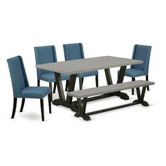 East West Furniture V697FL121-6 - 6-Piece Dining Room Set - 4 Parson Chairs, an amazing Bench and a Rectangular Small Dining Table Hardwood Frame