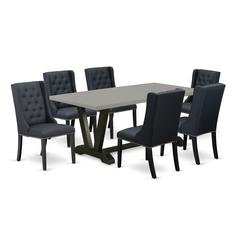East West Furniture V697FO624-7 7 Piece Kitchen Table Set - 6 Black Linen Fabric Dining Room Chairs Button Tufted with Nailheads and Cement Dining Room Table - Wire Brush Black Finish