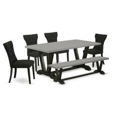 East West Furniture V697GA124-6 6-Pc Dining Set - 4 Dining Chairs, a Wood Bench Cement Top and 1 Modern Cement Dining Table Top with Button Tufted Chair Back - Wire Brushed Black Finish