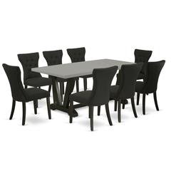 East West Furniture V697GA124-9 9-Pc Kitchen Dining Room Set - 8 Dining Chairs and 1 Modern Cement Dining Room Table Top with Button Tufted Chair Back - Wire Brushed Black Finish