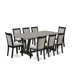 East West Furniture 9 Piece Modern Dining Set - A Cement Top Wooden Table with Trestle Base and 8 Shitake Linen Fabric Kitchen Chairs - Wire Brushed Black Finish