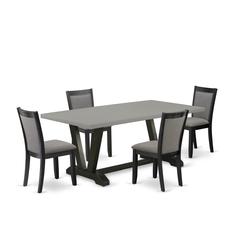 East West Furniture 5 Piece Table Set - A Cement Top Modern Dining Table with Trestle Base and 4 Dark Gotham Grey Linen Fabric Upholstered Dining Chairs - Wire Brushed Black Finish