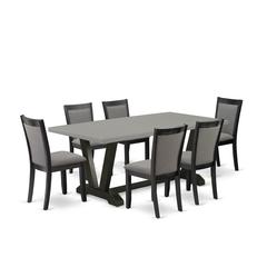 East West Furniture 7 Piece Modern Dining Set - Cement Top Modern Kitchen Table with Trestle Base and 6 Dark Gotham Grey Linen Fabric Dining Chairs - Wire Brushed Black Finish