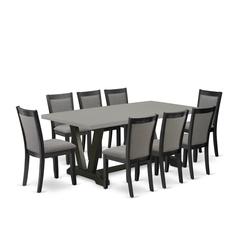 East West Furniture 9 Piece Dining Room Set - Cement Top Wood Dining Table with Trestle Base and 8 Dark Gotham Grey Linen Fabric Parson Chairs - Wire Brushed Black Finish