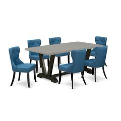 East West Furniture V697SI121-7 7-Pc Dining Room Table Set- 6 Dining Room Chairs with Blue Linen Fabric Seat and Button Tufted Chair Back - Rectangular Table Top & Wooden Legs - Cement and Black Finis