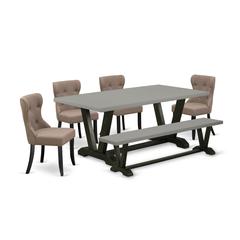 East West Furniture V697SI648-6 6-Piece Modern Dining Table Set- 4 Kitchen Chairs with Coffee Linen Fabric Seat and Button Tufted Chair Back - Rectangular Top & Wooden Legs Kitchen Table and Wooden Di