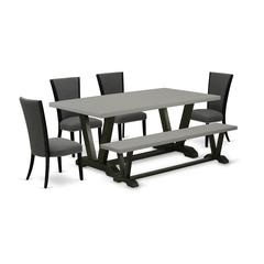East West Furniture V697VE650-6 6 Piece dining table set - 4 Dark Gotham Grey Linen Fabric Comfortable Chair with Nailheads and Cement Dining Room Table - 1 Dining Bench - Black Finish
