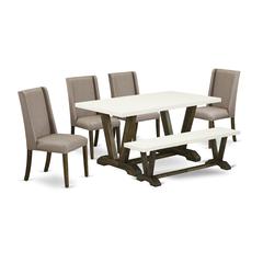 East West Furniture 6-Pc Mid Century Dining Table Set-Dark Khaki Linen Fabric Seat and High Stylish Chair Back Upholstered Dining chairs, A Rectangular Bench and Rectangular Top dining table with Hard