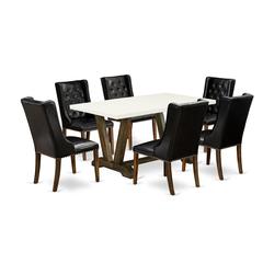 East West Furniture V726FO749-7 7-Piece Kitchen Table Set - 6 Black Pu Leather Parson Chairs Button Tufted with Nail heads and Rectangular Table - Distressed Jacobean Finish