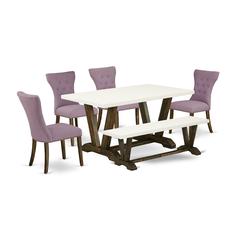 East West Furniture V726GA740-6 6-Pc Dining Table Set- 4 Upholstered Dining Chairs with Dahlia Linen Fabric Seat and Button Tufted Chair Back - Rectangular Top & Wooden Legs Kitchen Table and Small Be