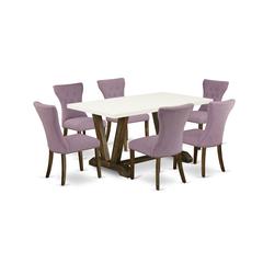 East West Furniture V726GA740-7 7-Piece Modern Dining Set- 6 Upholstered Dining Chairs with Dahlia Linen Fabric Seat and Button Tufted Chair Back - Rectangular Table Top & Wooden Legs - Linen White an