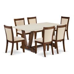East West Furniture 7-Pc Dining Table Set - A Dining Table with Linen White Top and 6 Light Beige Linen Fabric Modern Dining Chairs with Stylish Back (Distressed Jacobean Finish)