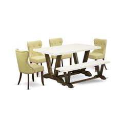 East West Furniture V726SI737-6 6-Pc Kitchen Dining Room Set- 4 Dining Chairs with Limelight Linen Fabric Seat and Button Tufted Chair Back - Rectangular Top & Wooden Legs Wood Dining Table and Dining