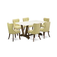East West Furniture V726SI737-7 7-Piece Kitchen Dining Set- 6 Parson Chairs with Limelight Linen Fabric Seat and Button Tufted Chair Back - Rectangular Table Top & Wooden Legs - Linen White and Distre