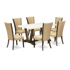 East West Furniture V726VE703-7 7Pc Kitchen Table Set Contains a Dining Room Table and 6 Parson Dining Chairs with Brown Color Linen Fabric, Medium Size Table with Full Back Chairs, Distressed Jacobea