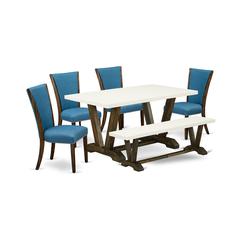 East West Furniture V726VE721-6 6 Piece Dining Room Set - 4 Black Linen Fabric Modern Chair with Nailheads and Linen White Rectangular Dining Table - 1 Modern Bench - Distressed Jacobean Finish
