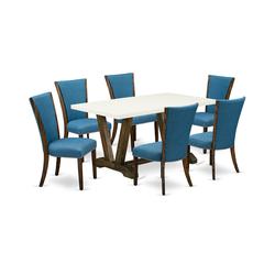 East West Furniture V726VE721-7 7Pc Dining Room Table Set Includes a Kitchen Table and 6 Parson Dining Chairs with Blue Color Linen Fabric, Distressed Jacobean and Linen White Finish