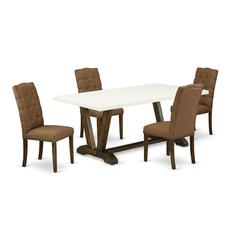 East West Furniture 5-Pc Dining room Table Set Included 4 kitchen parson chairs Upholstered Seat and High Button Tufted Chair Back and Rectangular Dining Table with Linen White rectangular Table Top -