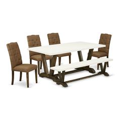 East West Furniture 6-Pc Dining Set-Brown Beige Linen Fabric Seat and Button Tufted Chair Back Parson Dining chairs, A Rectangular Bench and Rectangular Top Modern Dining Table with Solid Wood Legs -