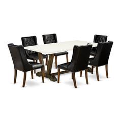 East West Furniture V727FO749-7 7-Piece Dining Set - 6 Black Pu Leather Parson Dining Room Chairs Button Tufted with Nail heads and Rectangular Dining Table - Distressed Jacobean Finish