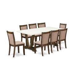 V727MZ716-9 9 Piece Kitchen Table Set - A Modern Kitchen Table with Trestle Base and 8 Dining Chairs - Distressed Jacobean Finish