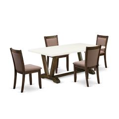 V727MZ748-5 5 Piece Dining Table Set - A Dinner Table with Trestle Base and 4 Coffee Parson Chairs - Distressed Jacobean Finish