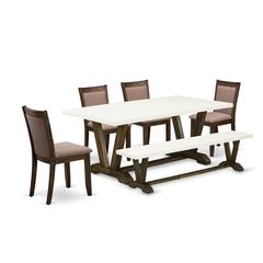 V727MZ748-6 6 Piece Dining Set- A Dining Table in Trestle Base with Bench and 4 Coffee Dinner Chairs - Distressed Jacobean Finish