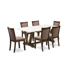 V727MZ748-7 7 Pc Modern Dining Set - A Kitchen Table with Trestle Base and 6 Coffee Dinning Chairs - Distressed Jacobean Finish