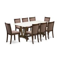 V727MZ748-9 9 Piece Dinette Set - A Wooden Table with Trestle Base and 8 Coffee Modern Dining Chairs - Distressed Jacobean Finish