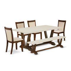 East West Furniture 6-Pc Dining Room Set - 1 Dining Table, Modern Dining Bench with Linen White Top and 4 Light Beige Fabric Kitchen Chairs with Stylish Back (Distressed Jacobean Finish)
